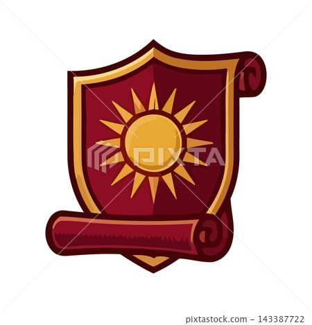 A stylized heraldic shield featuring a sun and a scroll, representing heraldry, protection, and knowledge. A stylized heraldic shield featuring a sun and a scroll, representing heraldry, protection, and knowledge. 143387722