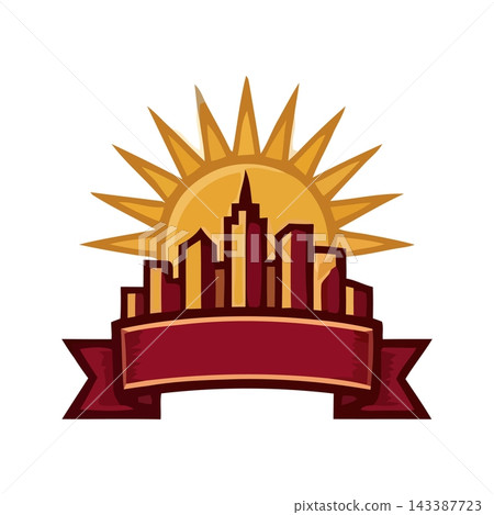 Stylized cityscape with a sunburst rising behind it, overlaid with a decorative ribbon banner. 143387723