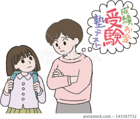 A full-color illustration with speech bubbles depicting a mother and elementary school girl struggling with the costs of her child's middle school entrance exams and tutoring. A full-color illustration with speech bubbles depicting a mother and elementary school girl struggling with the costs of her child's middle school entrance exams and tutoring. 143387732