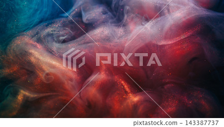 Swirling fluid. Paint background. Defocused orange blue neon color splash glitter liquid texture spreading on acrylic art abstraction. Swirling fluid. Paint background. Defocused orange blue neon color splash glitter liquid texture spreading on acrylic art abstraction. 143387737