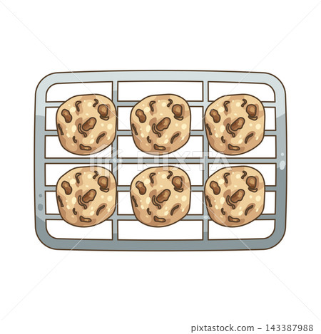 Illustration of chocolate chip cookies on cooling rack 143387988