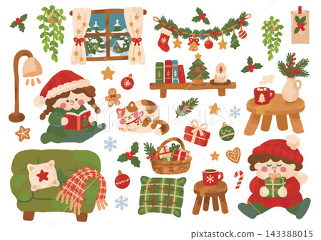 Cute Christmas winter room illustration set: girl, cat, tree, presents, interior decor Cute Christmas winter room illustration set: girl, cat, tree, presents, interior decor 143388015