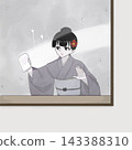 A woman in a kimono wipes condensation from a window; winter life. 143388310