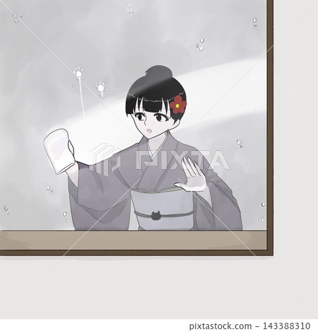 A woman in a kimono wipes condensation from a window; winter life. A woman in a kimono wipes condensation from a window; winter life. 143388310