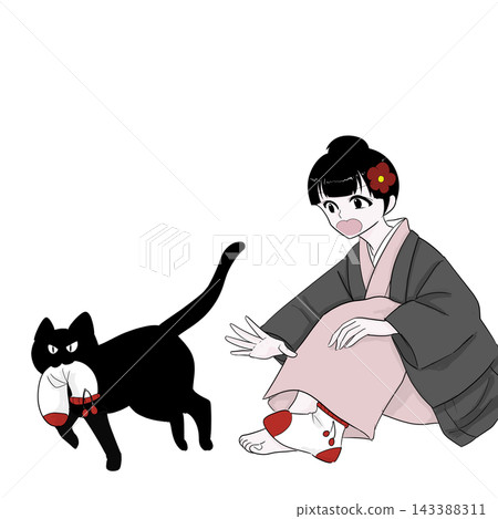 A cat playing with socks and a woman in a kimono: Winter life A cat playing with socks and a woman in a kimono: Winter life 143388311
