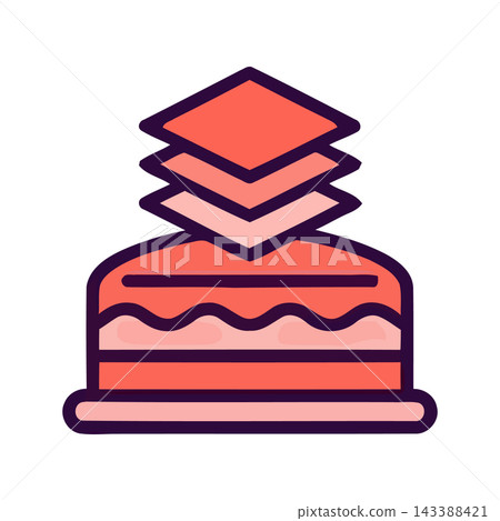 Stylized layered cake icon featuring a geometric stacked top, representing dessert, celebration, or sweet treat concepts. Stylized layered cake icon featuring a geometric stacked top, representing dessert, celebration, or sweet treat concepts. 143388421