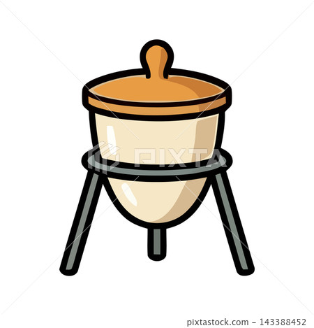 Cartoon illustration of a laboratory beaker with a lid, placed on a tripod stand. Scientific equipment for experiments. Cartoon illustration of a laboratory beaker with a lid, placed on a tripod stand. Scientific equipment for experiments. 143388452