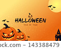 Halloween background with spooky jack-o-lantern pumpkins, bats, haunted house and Trick or Treat text in orange autumn colors 143388479