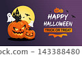 Happy Halloween greeting card with spooky jack-o'-lantern pumpkins, ghosts, haunted castle, bats and full moon, featuring Trick or Treat text 143388480