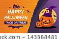 Happy Halloween banner with jack-o'-lantern pumpkins, witch hat, bats and moon on an orange and purple spooky background. Festive Trick or Treat design for Halloween parties, invitations, posters, etc 143388481