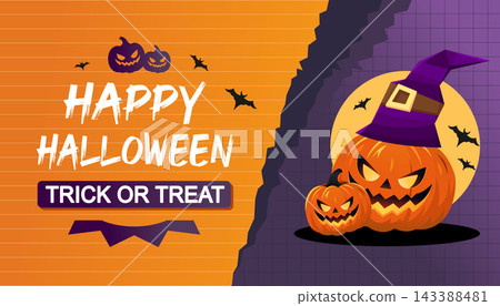 Happy Halloween banner with jack-o'-lantern pumpkins, witch hat, bats and moon on an orange and purple spooky background. Festive Trick or Treat design for Halloween parties, invitations, posters, etc Happy Halloween banner with jack-o'-lantern pumpkins, witch hat, bats and moon on an orange and purple spooky background. Festive Trick or Treat design for Halloween parties, invitations, posters, etc 143388481