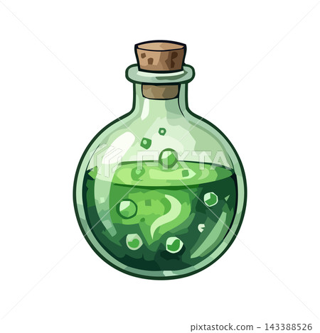 A round glass bottle filled with a bubbling green liquid, representing a magic potion or elixir. A round glass bottle filled with a bubbling green liquid, representing a magic potion or elixir. 143388526