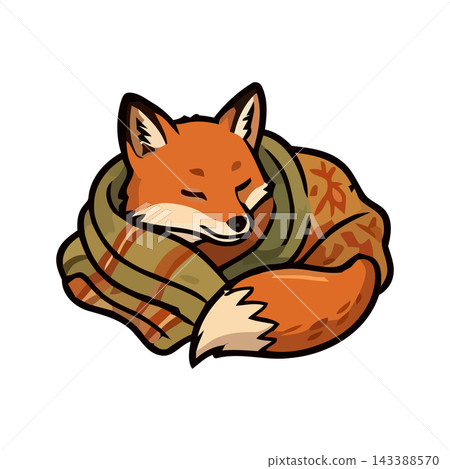 Charming illustration of a sleeping fox curled up warmly in a patterned scarf, evoking comfort and autumn. Charming illustration of a sleeping fox curled up warmly in a patterned scarf, evoking comfort and autumn. 143388570