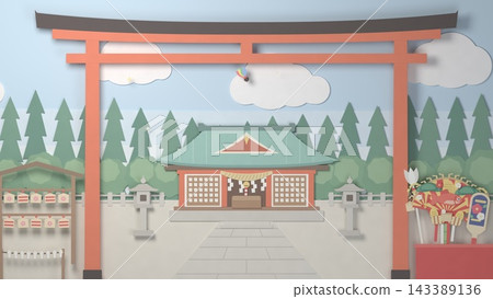 Paper cutout: A New Year's visit to a shrine seen through a torii gate, featuring a rake, a protective arrow, and a battledore. 143389136