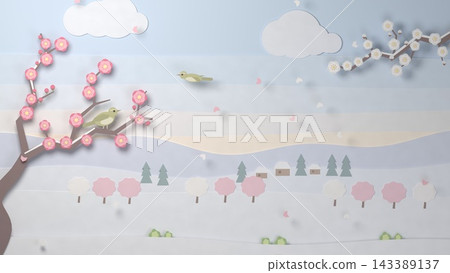 Paper cutout: Red and white plum blossoms and a nightingale on a spring morning as the snow melts. Paper cutout: Red and white plum blossoms and a nightingale on a spring morning as the snow melts. 143389137