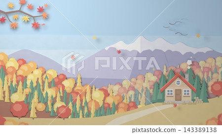 Paper cutout: Autumn foliage on a mountain with a red-roofed mountain hut and snow-capped peaks. Paper cutout: Autumn foliage on a mountain with a red-roofed mountain hut and snow-capped peaks. 143389138