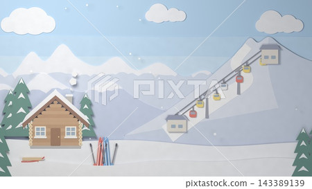 Paper cutout: Log cabin and ski resort in winter mountains, gondola, sunny day 143389139