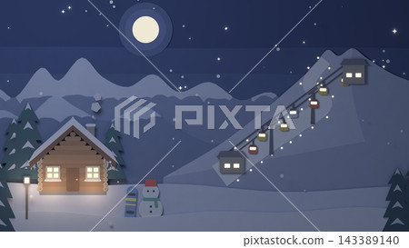 紙片剪紙:冬夜裡的滑雪勝地,燈火通明的木屋、夜間滑雪和一個雪人。 紙片剪紙:冬夜裡的滑雪勝地,燈火通明的木屋、夜間滑雪和一個雪人。 143389140