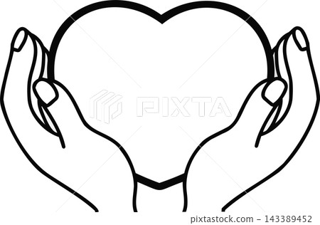 An illustration of a heart held in both hands (line drawing, black). An illustration of a heart held in both hands (line drawing, black). 143389452