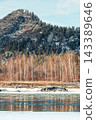 A serene river flows through snow-covered mountains. Pine trees line the banks, creating a peaceful winter landscape. Ideal for travel and mindfulness themes. 143389646