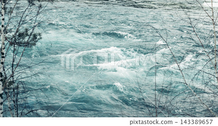 serene river flows through a snowy landscape. The water is clear and reflects the winter scenery, evoking sense of calm and mindfulness. serene river flows through a snowy landscape. The water is clear and reflects the winter scenery, evoking sense of calm and mindfulness. 143389657
