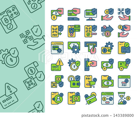 Set of payment method filled outline icons. Online banking, QR code pay, secure transaction, credit card, and e-wallet concept. Set of payment method filled outline icons. Online banking, QR code pay, secure transaction, credit card, and e-wallet concept. 143389800