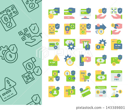Set of payment method flat icons. Online banking, QR code pay, secure transaction, credit card, and e-wallet concept. Set of payment method flat icons. Online banking, QR code pay, secure transaction, credit card, and e-wallet concept. 143389801