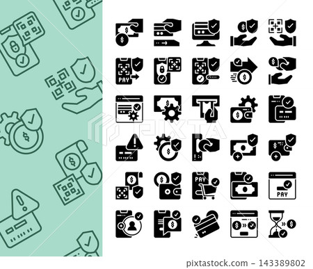 Set of payment method solid icons. Online banking, QR code pay, secure transaction, credit card, and e-wallet concept. Set of payment method solid icons. Online banking, QR code pay, secure transaction, credit card, and e-wallet concept. 143389802