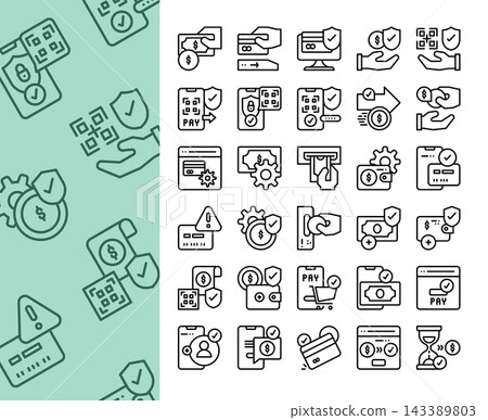 Set of payment method line icons. Online banking, QR code pay, secure transaction, credit card, and e-wallet concept. Set of payment method line icons. Online banking, QR code pay, secure transaction, credit card, and e-wallet concept. 143389803