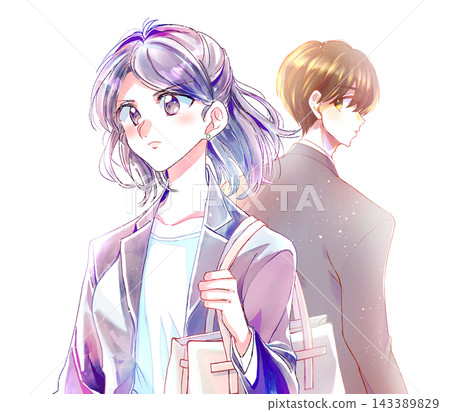 一男一女身著西裝,背靠背而立;職業人士;神情嚴肅。 一男一女身著西裝,背靠背而立;職業人士;神情嚴肅。 143389829
