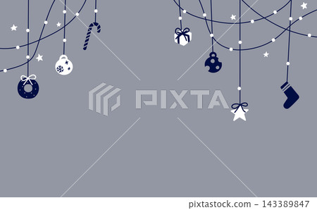 Christmas hanging garland background with navy and white ornaments and winter frame 143389847