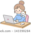 Cute Woman Working from Home on Laptop with Calico Cat on Shoulder 143390284