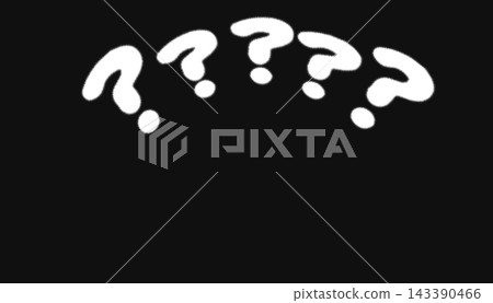 Five fuzzy white hand drawn question marks arched across the top of a solid black background, soft brush texture with copy space below for text, ideal for quiz, FAQ or help themes.. Five fuzzy white hand drawn question marks arched across the top of a solid black background, soft brush texture with copy space below for text, ideal for quiz, FAQ or help themes.. 143390466