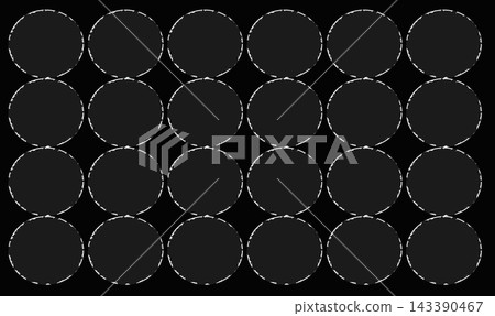 Dark gray grid of thirty circles in four rows and six columns on black background, white dashed outlines with hand drawn feel, seamless geometric pattern texture.. Dark gray grid of thirty circles in four rows and six columns on black background, white dashed outlines with hand drawn feel, seamless geometric pattern texture.. 143390467