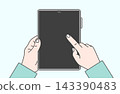 An illustration of a person holding a vertically oriented tablet with both hands and touching the screen. 143390483