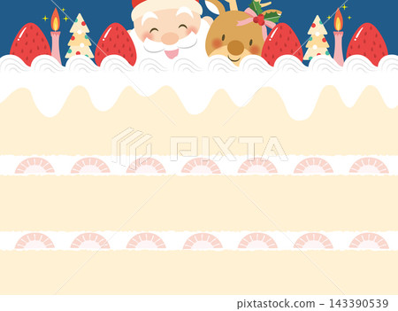 一幅畫框,上面有聖誕老人、馴鹿和聖誕蛋糕的橫切面。 一幅畫框,上面有聖誕老人、馴鹿和聖誕蛋糕的橫切面。 143390539