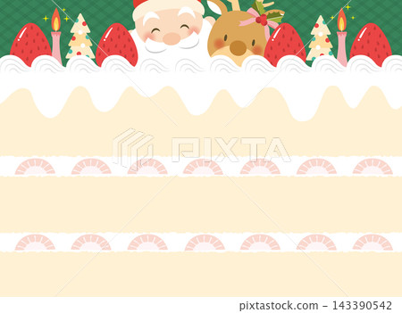 一幅畫框，上面有聖誕老人、馴鹿和聖誕蛋糕的橫切面。 143390542