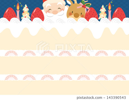 一幅畫框,上面有聖誕老人、馴鹿和聖誕蛋糕的橫切面。 一幅畫框,上面有聖誕老人、馴鹿和聖誕蛋糕的橫切面。 143390543