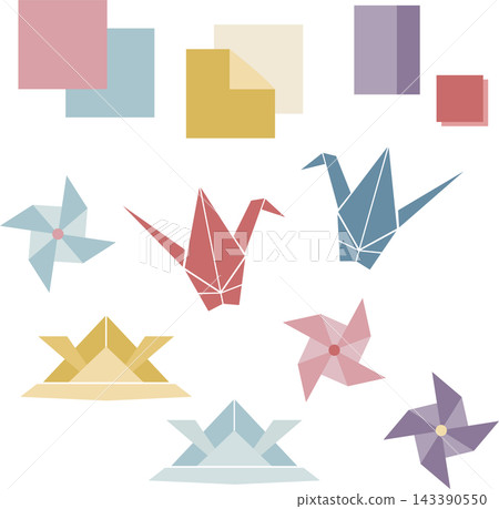 A set of origami cranes, helmets, and pinwheels, along with illustrations of origami paper. A set of origami cranes, helmets, and pinwheels, along with illustrations of origami paper. 143390550