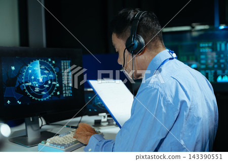 Professional monitoring aviation data on digital radar screens, analyzing flight tracking, aircraft navigation and advanced aerospace technology Professional monitoring aviation data on digital radar screens, analyzing flight tracking, aircraft navigation and advanced aerospace technology 143390551