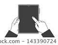 Illustration 2: A person holding a vertically oriented tablet with both hands and touching the screen. 143390724