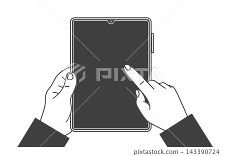 Illustration 2: A person holding a vertically oriented tablet with both hands and touching the screen. Illustration 2: A person holding a vertically oriented tablet with both hands and touching the screen. 143390724