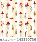 Autumn forest foliage seamless pattern with mushrooms, berries, leaves watercolor illustration on striped background. Hand painted pattern for wallpaper, fabric, stationery, packaging and decor. 143390736