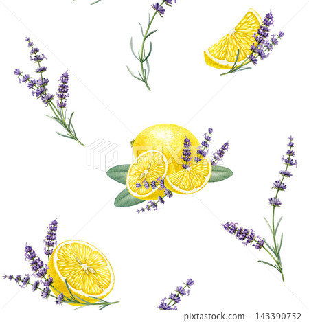 Lemon fruit with lavender flowers seamless pattern watercolor illustration on white. Hand painted floral pattern for fabric, wallpaper, packaging, stationery, kitchen decor, beauty branding Lemon fruit with lavender flowers seamless pattern watercolor illustration on white. Hand painted floral pattern for fabric, wallpaper, packaging, stationery, kitchen decor, beauty branding 143390752