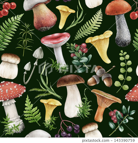 Woodland elements botanical seamless pattern with forest mushrooms, berries, ferns, wild herbs on dark. Hand drawn watercolor fall nature background for fabric, stationery and packaging design 143390759