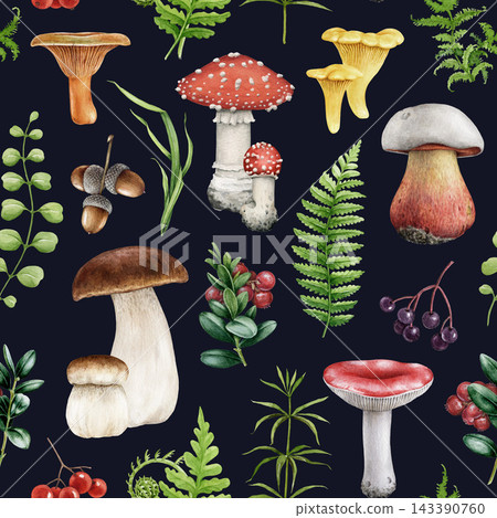 Forest elements botanical seamless pattern with woodland mushrooms, berries, ferns, wild herbs on dark. Hand drawn watercolor fall nature background for fabric, stationery and packaging design Forest elements botanical seamless pattern with woodland mushrooms, berries, ferns, wild herbs on dark. Hand drawn watercolor fall nature background for fabric, stationery and packaging design 143390760