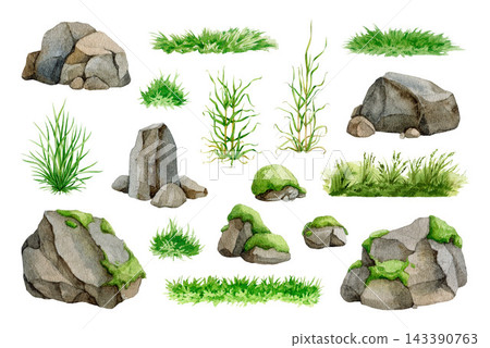 Rock and grass landscape asset collection isolated. Watercolor hand painted stones, mossy boulders and vegetation elements for game assets, map design, fantasy environments and nature themed projects 143390763