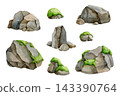 Mossy rock clipart collection isolated on white. Watercolor hand painted stone asset set for game environments, map design, fantasy landscapes, outdoor scenes and nature themed project 143390764