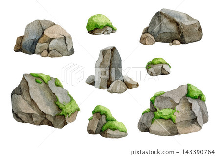 Mossy rock clipart collection isolated on white. Watercolor hand painted stone asset set for game environments, map design, fantasy landscapes, outdoor scenes and nature themed project Mossy rock clipart collection isolated on white. Watercolor hand painted stone asset set for game environments, map design, fantasy landscapes, outdoor scenes and nature themed project 143390764