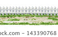 White picket fence with grass and dirt path isolated on white. Watercolor hand painted landscape seamless border element for garden design, countryside scenes, game assets and outdoor themed projects 143390768